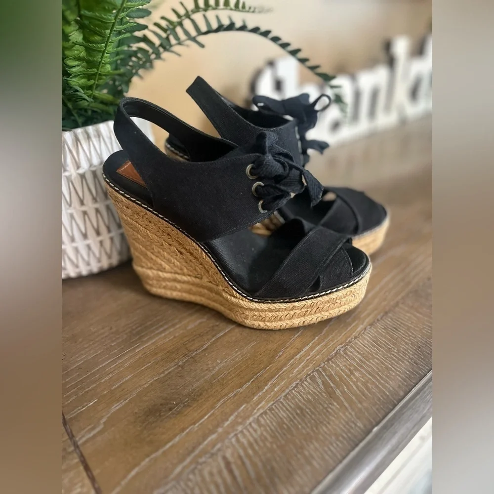 TORY BURCH Black Lace Up Canvas Espadrille Wedges Sandals Size 5